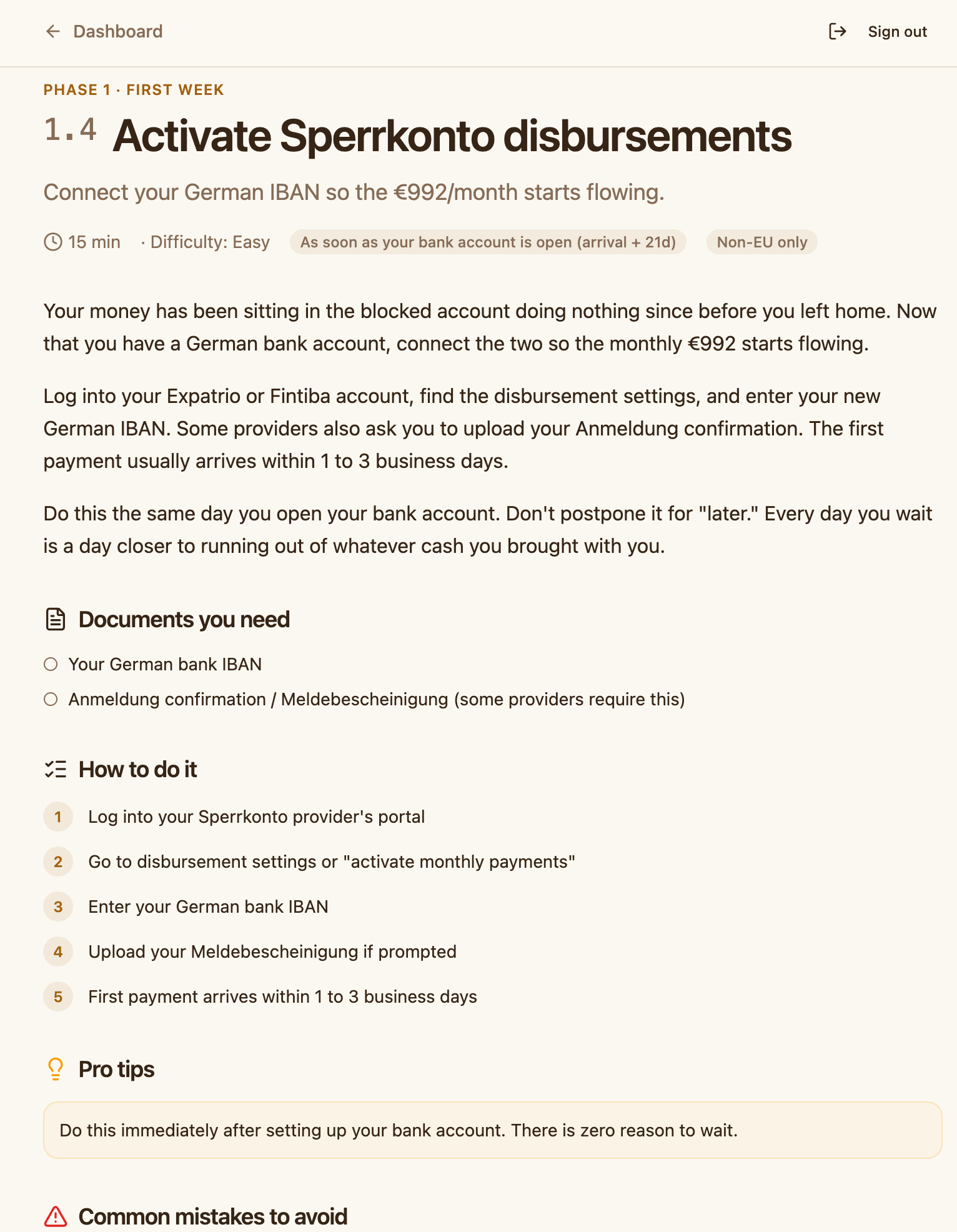 StudySettle step detail view for activating Sperrkonto disbursements, showing documents needed, how-to instructions, and pro tips